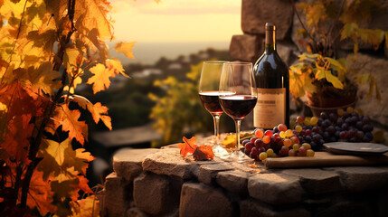 Still life scene with two wine glasses with red wine next to bottle and grapes on a stone ledge overlooking autumn landscape