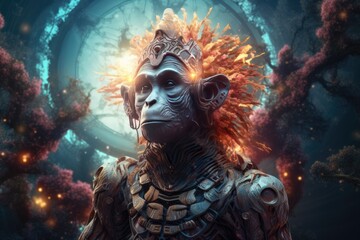 Sci-fi monkey wild  animal, fantasy creature with colorful sky dark background. Generative Ai.