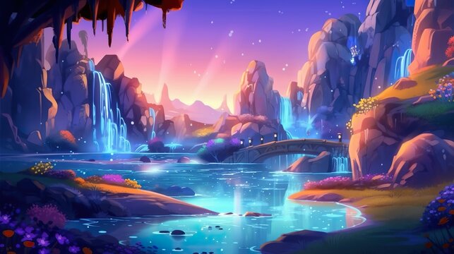 Abstract background magic fountains. World of wonder with an illustration depicting a magical and vividly colorful fountain. Generative AI.