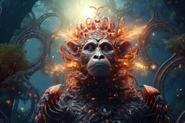 Sci-fi monkey wild  animal, fantasy creature with colorful sky dark background. Generative Ai.