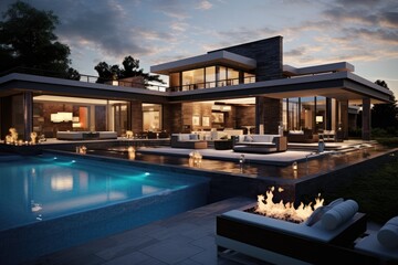 Fototapeta premium A lavish and contemporary residence featuring a pool that can be enjoyed during the evening.