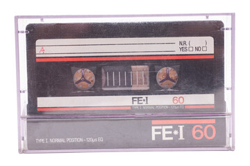 Close up of retro audio cassette tape,side A, isolated on white background, vintage 80's music concept.