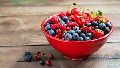 Ripe sweet different berries in red bowl on rustic wooden table. Harvest Concept