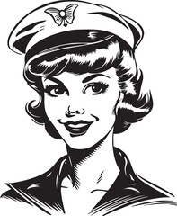 Retro sailor woman 60s style young woman. Retro comics woman head, People in retro style, black and white ink drawing, American cartoon advertising illustration, vector, SVG