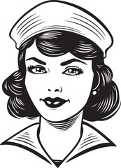 Retro sailor woman 60s style young woman. Retro comics woman head, People in retro style, black and white ink drawing, American cartoon advertising illustration, vector, SVG