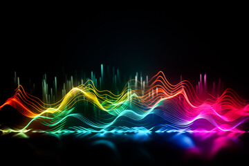 Colorful Equalizer wave glitter sparkle defocused rays lights bokeh abstract black background. Ai generated.