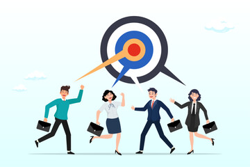 Business people or business partner discussing work building circular dartboard target, teamwork aiming on the same target, collaboration to succeed in the same goal, partnership strategy (Vector)