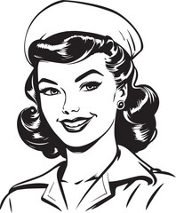 Retro sailor woman 60s style young woman. Retro comics woman head, People in retro style, black and white ink drawing, American cartoon advertising illustration, vector, SVG