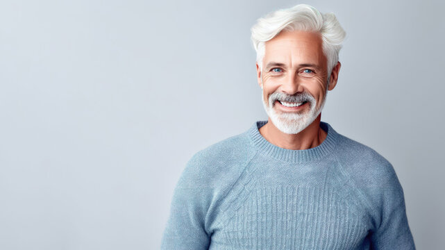 Senior man in blue sweater, light blue background