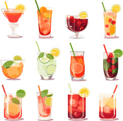 Set of summer cocktails cartoon vector illustration isolated on white background. Vector set icon fresh drink. - obrazy, fototapety, plakaty