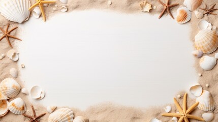Summer vacation background greeting card - Frame made of various seashells, starfish and sand on white wooden table, top view (Generative Ai)