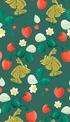 Seamless pattern with frog and strawberry on a dark background. Funny wallpaper in the style of painting