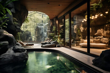 A tranquil image showing a serene pool in a luxury spa resort, surrounded by lush greenery. 
The picture epitomizes relaxation and luxury in a peaceful, natural setting.