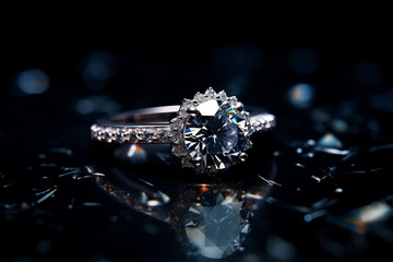 A stunning close-up shot of a diamond ring sparkling brilliantly against a plush, dark velvet backdrop. 
The image perfectly captures the radiance and luxury associated with high-end jewelry. - obrazy, fototapety, plakaty