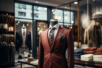 Fototapeta na wymiar An image showcasing a bespoke tailored suit on a mannequin in a luxury fashion boutique. The image perfectly captures the attention to detail and craftsmanship in luxury tailoring.