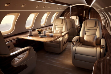 An image showcasing the plush, comfortable seating within a luxurious private jet. 
The image conveys the unparalleled luxury and convenience of private air travel.