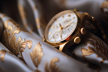 A close-up shot of a luxurious wristwatch with intricate gold detailing, placed on a silk fabric....