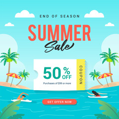 Summer sale coupon template vector design. Happy summer island