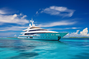 Fototapeta na wymiar A breathtaking picture of a lavish yacht sailing on a pristine blue sea under clear skies. The photo embodies the essence of a luxurious lifestyle and the joy of high-end leisure activities.
