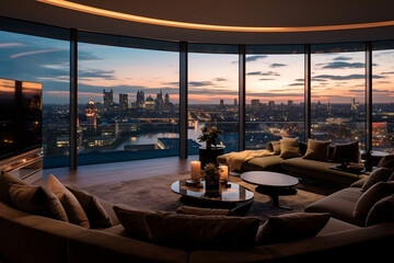 A stunning image showcasing a luxurious penthouse apartment with breathtaking panoramic views of the city. 
The image exudes wealth, sophistication, and a high standard of living. - obrazy, fototapety, plakaty