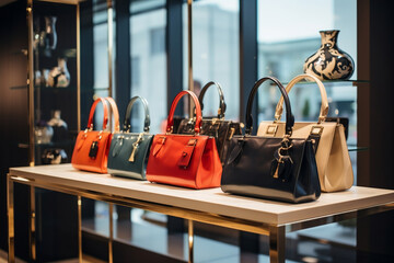 An image featuring a display of designer handbags in a high-end boutique. 
The picture illustrates the exclusivity and opulence associated with luxury fashion brands.