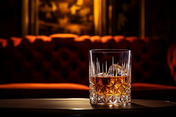 An image featuring a glass of aged whiskey elegantly placed on a mahogany bar within a luxury lounge. 
The image embodies the essence of sophisticated leisure in luxurious settings.