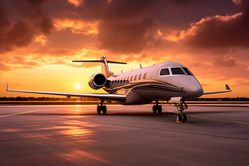 A powerful image showcasing a private jet parked on the tarmac at sunset. 
The vibrant colors of the setting sun reflected on the sleek surface of the aircraft exude an air of exclusivity and luxury. - obrazy, fototapety, plakaty