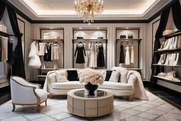 An image showcasing a tasteful display of high-end fashion items in a luxurious boutique. 
This image captures the essence of luxury shopping with a focus on elegance and exclusivity.