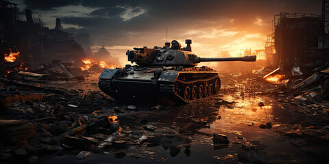 armored tank crosses a mine field during war invasion epic scene of fire and some in destroyed city as banner with copyspace area telephoto lens realistic lighting generative ai - obrazy, fototapety, plakaty