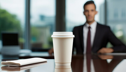 two paper coffee cups on a table in bright white office generative ai