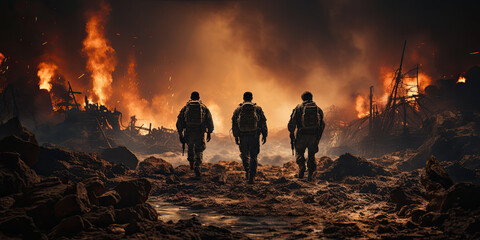 photorealism of Close-up shot from behind Three Special Forces soldiers cross a war zone destroyed by bombs and smoke in the desert. telephoto lens realistic lighting - obrazy, fototapety, plakaty