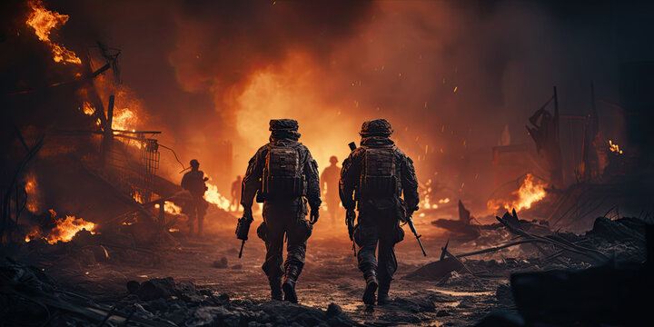 Fototapeta photorealism of Close-up shot from behind Three Special Forces soldiers cross a war zone destroyed by bombs and smoke in the desert. telephoto lens realistic lighting
