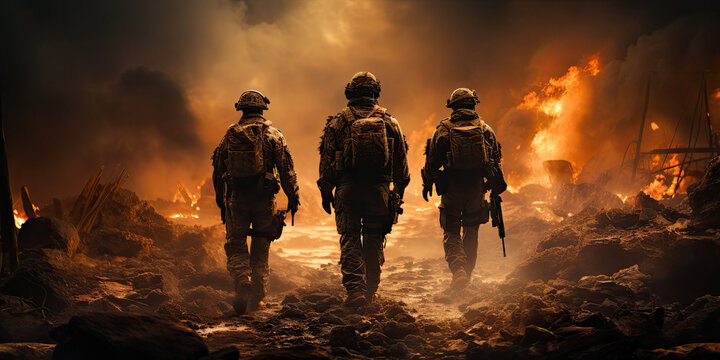 Fototapeta photorealism of Close-up shot from behind Three Special Forces soldiers cross a war zone destroyed by bombs and smoke in the desert. telephoto lens realistic lighting