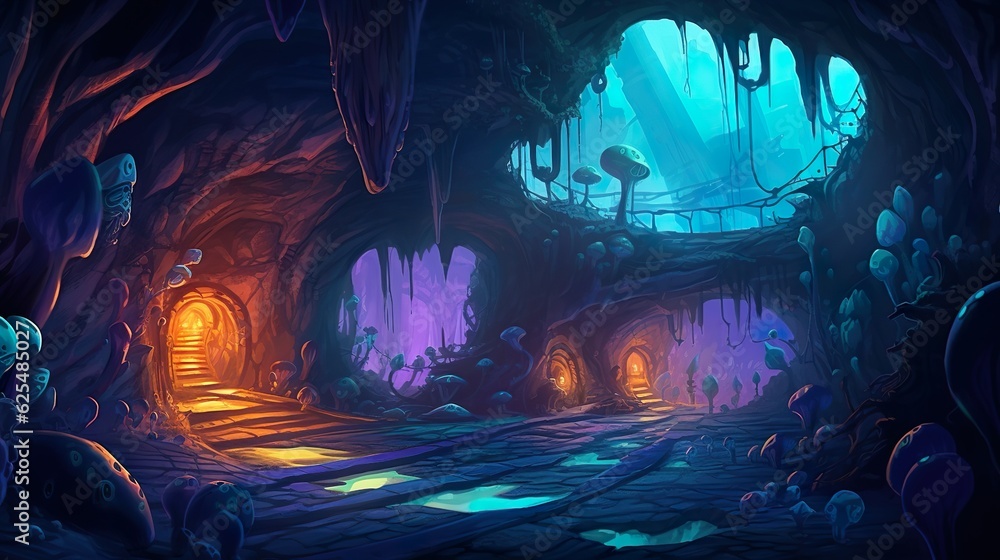 Poster abstract background underground kingdom. a mesmerizing abstract background blending vibrant hues and