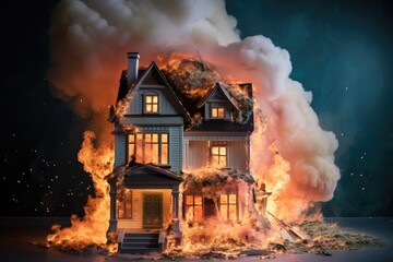The idea of a house fire represented by a toy house engulfed in flames.