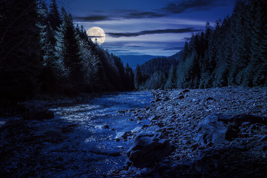 autumn landscape at night. rocky shore of the river that flows near the pine forest at the foot of the mountain in full moon light