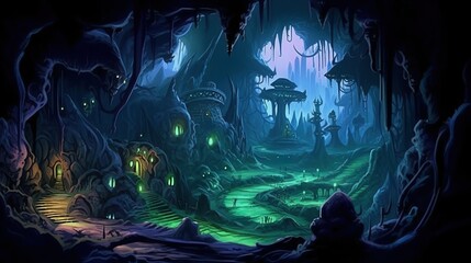 Abstract background underground kingdom. Imaginative illustration depicting an underground kingdom illuminated by mesmerizing neon lights. Generative AI. - obrazy, fototapety, plakaty