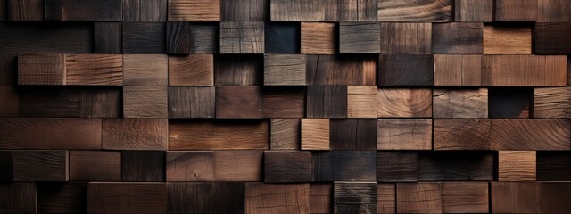 Abstract block stack wooden 3d squares and rectangles cubes on the wall for background banner panorama - Brown wood texture for backdrop or wallpaper (Generative Ai)