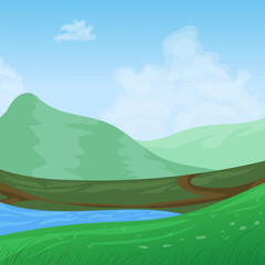 Naklejka premium Vector illustration of a beautiful field landscape, a warm summer day, green hills, bright blue sky, a river. flat cartoon style.