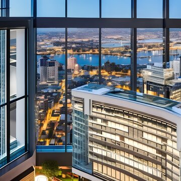292 A sleek and modern office tower with innovative workspace designs, smart technology integration, and panoramic views of the city skyline4, Generative AI