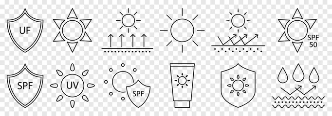 Sun protection line icons. Sunscreen and uv protection concept. Vector illustration isolated on transparent background