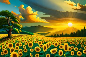 landscape with sunflowers with AI technology