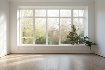 Obraz premium The room is brightly lit with white walls and a large window.