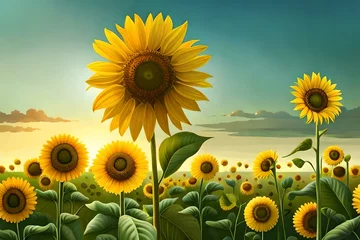 Deurstickers sunflowers in the field with AI technology © Mustafa_Art