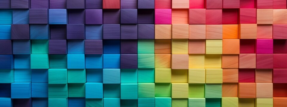 Fototapeta Abstract geometric rainbow colors colored 3d wooden square cubes texture wall background banner illustration panorama long, textured wood wallpaper (Generative Ai)