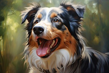 Fototapeta premium At home, an Australian shepherd is seen with its tongue protruding.