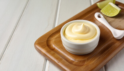 Bowl of Mayonnaise sauce on white wooden cutting board