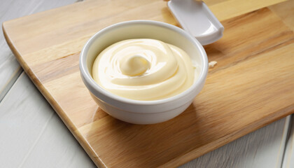 Bowl of Mayonnaise sauce on white wooden cutting board