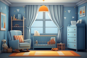 vector illustration of it's a boy Interior of a modern blue room for a newborn interior of bedroom for baby with crib dressing table arm chair, shelf