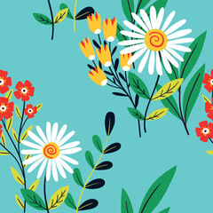 Fototapeta na wymiar Seamless floral pattern, cute summer print with large cartoon daisies. Pretty retro style botanical design, ornament: hand drawn wild flowers, leaves, branches on blue background. Vector illustration.